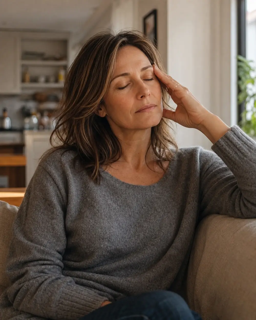 A woman pausing, low on energy at the end of a long day